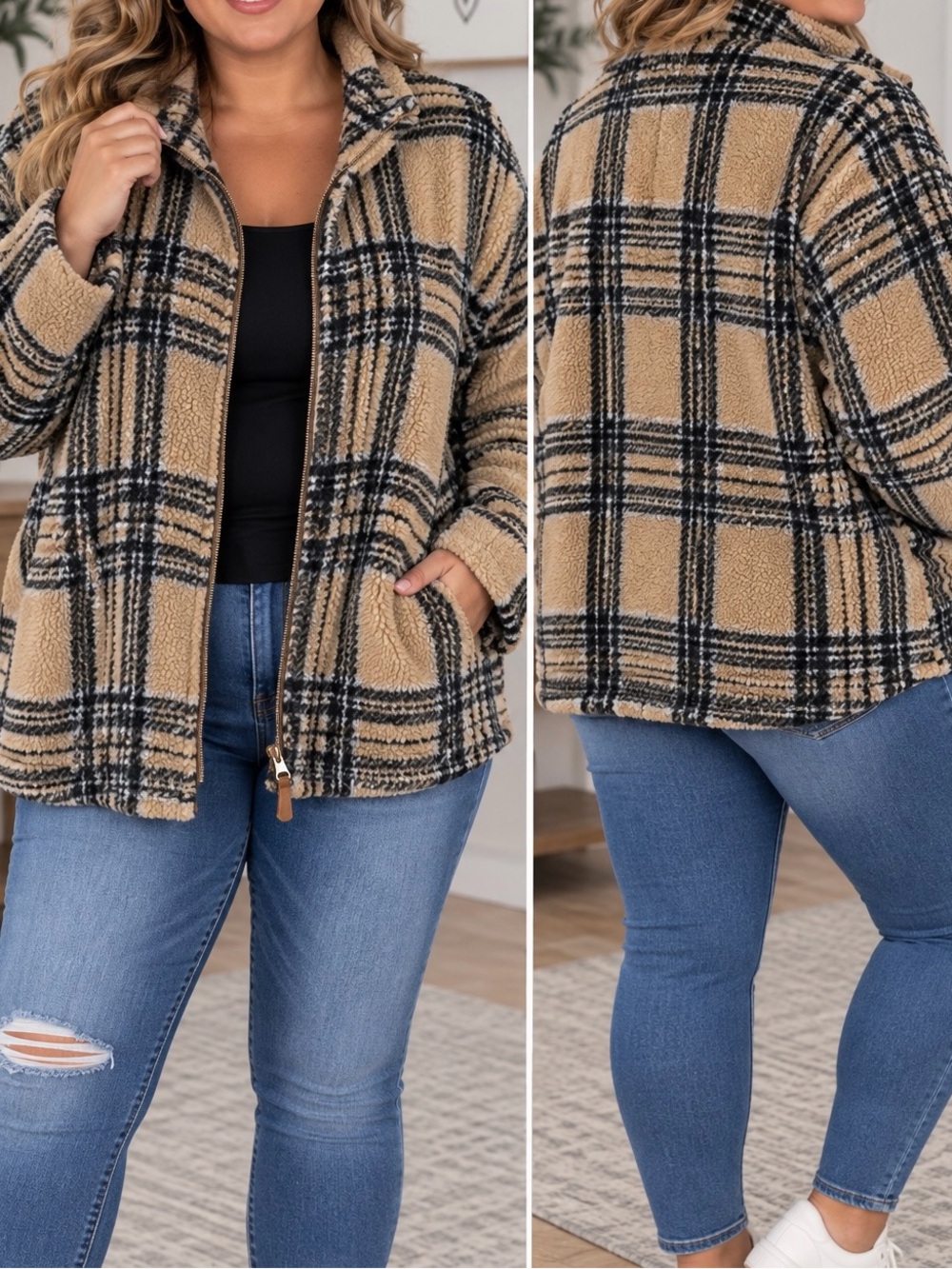 Mountain Ridge Plaid Cozy Shacket - Camel/Black- Size 1X NWT
